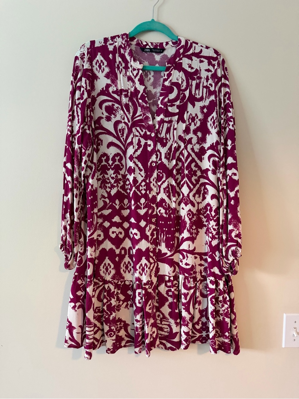 Zara Magenta and White Printed Long Sleeve Dress